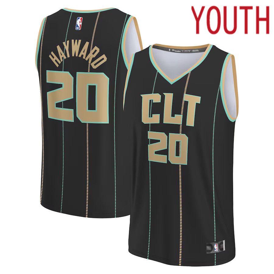 Youth Charlotte Hornets #20 Gordon Hayward Fanatics Branded Black City Edition 2022-23 Fastbreak NBA Jersey